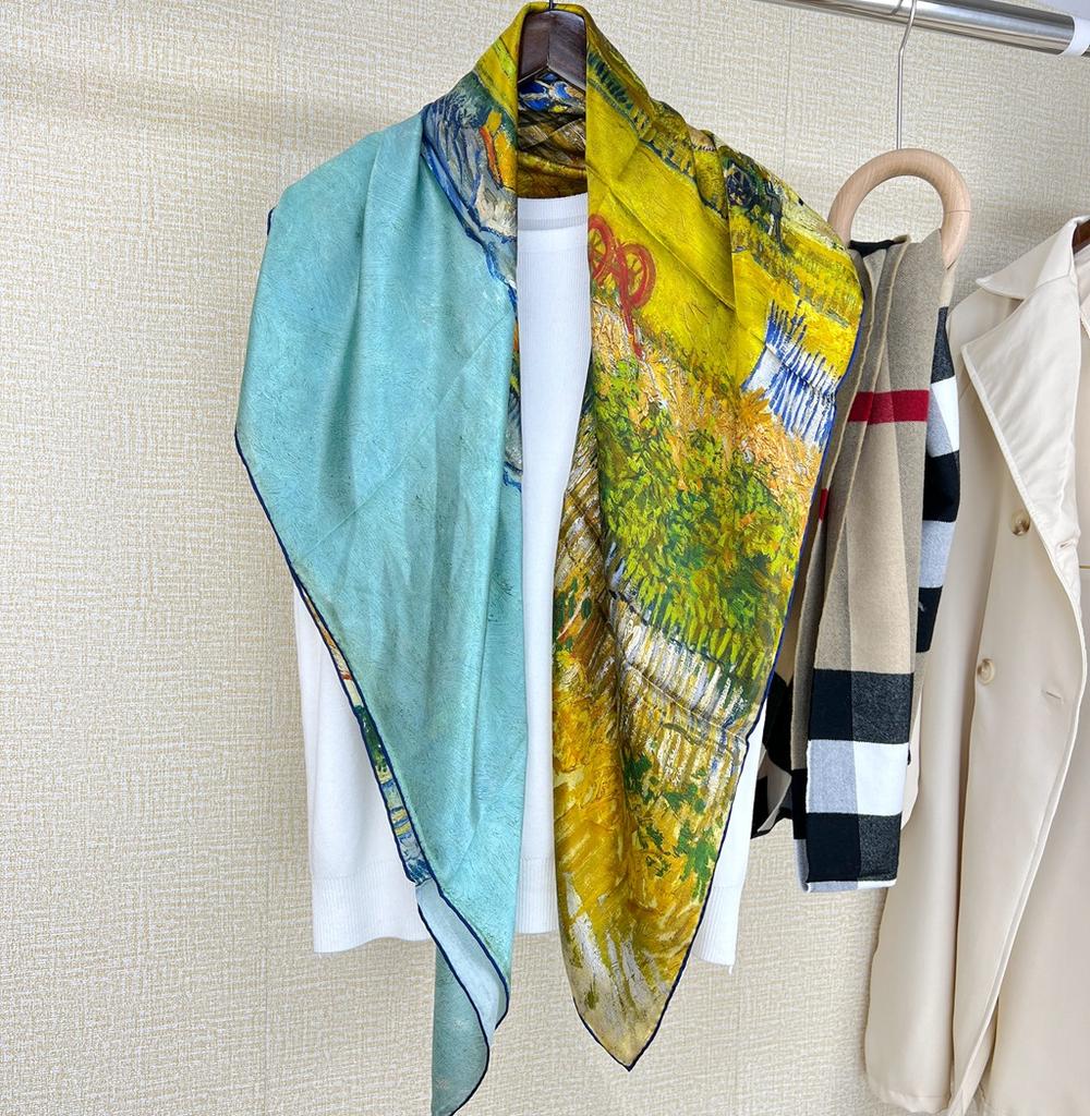 Pastoral Oil Painting Series Yellow-Green Silk Gifts Silk Silk Scarves Mulberry Silk Travel Shawl Scarf Dual-Purpose