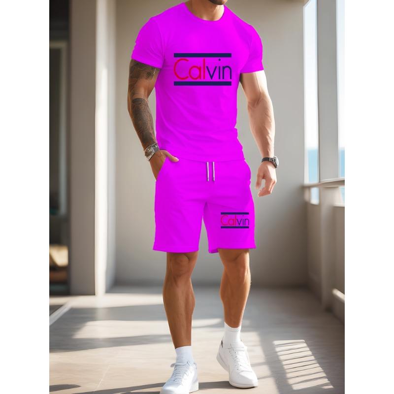 

New Casual Sports Short Sleeved Suit Men s Round Neck T-shirt and Drawstring Shorts Set Printed Regular Style XL