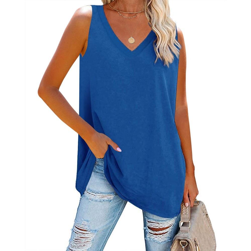 Women s Fashion Plus Size V Neck Color Sleeveless Casual T-Shirt Tank Top Top XXXL синий