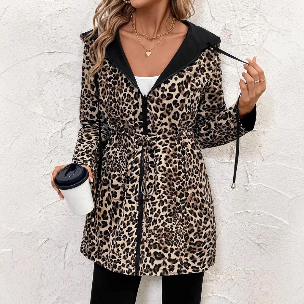 European and American Women's Clothing Two-sided Clothing Leopard Print Hooded Zipper Jacket Casual Long Jacket Belt Long Sleeve