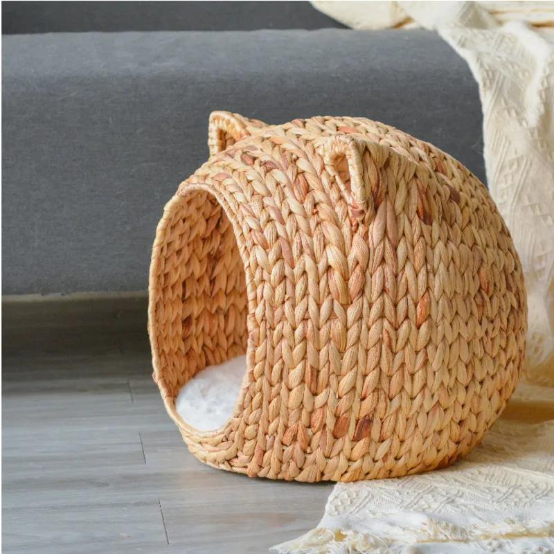Natural Cattail Kennel for Cats Handmade Weaving Semi-Enclosed Pet House Cool and Breathable Cat Cage Pet Nest