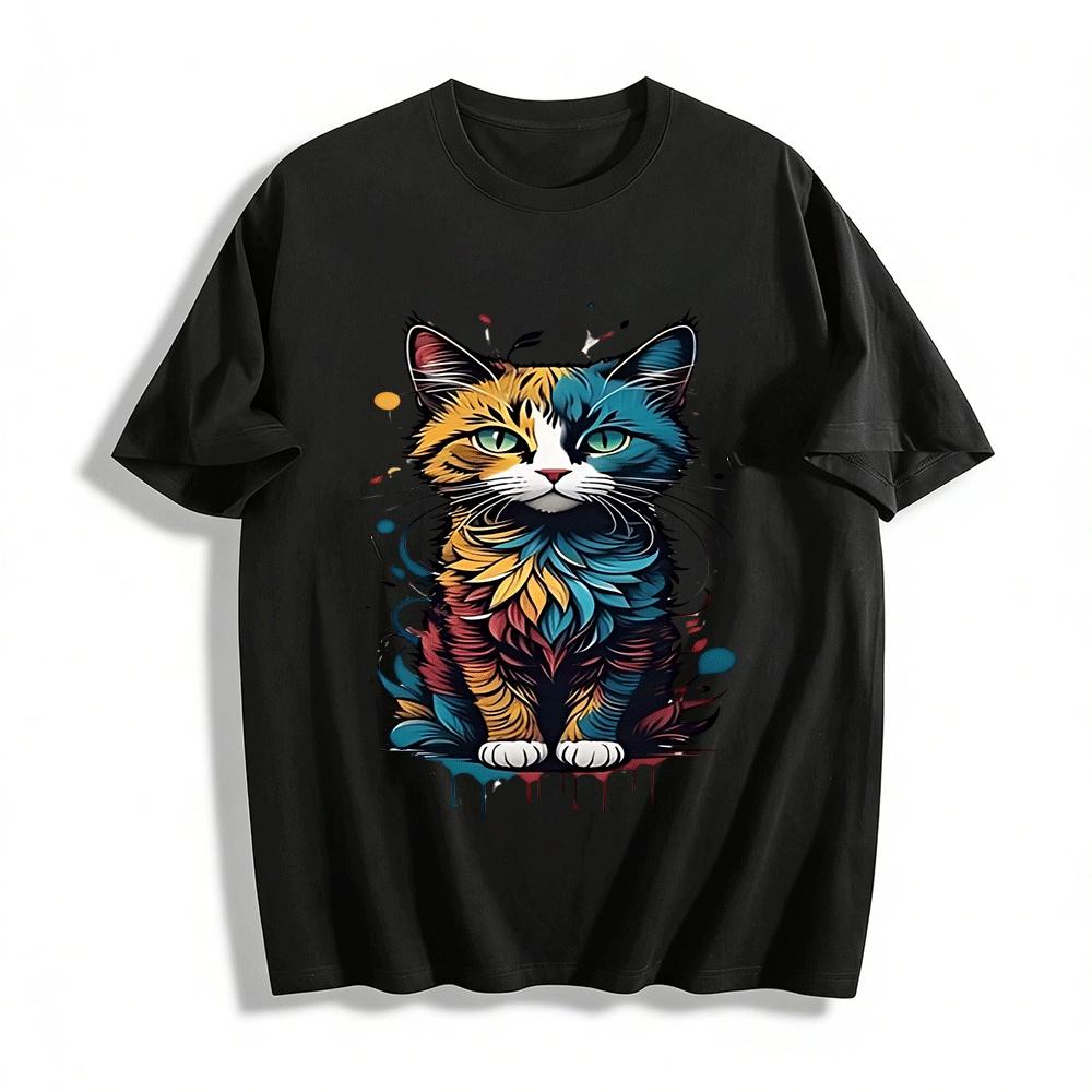 

Vibrant Art Cat Print Casual Tee Trendy Loose Crewneck Top Pure cotton T-shirt XXS