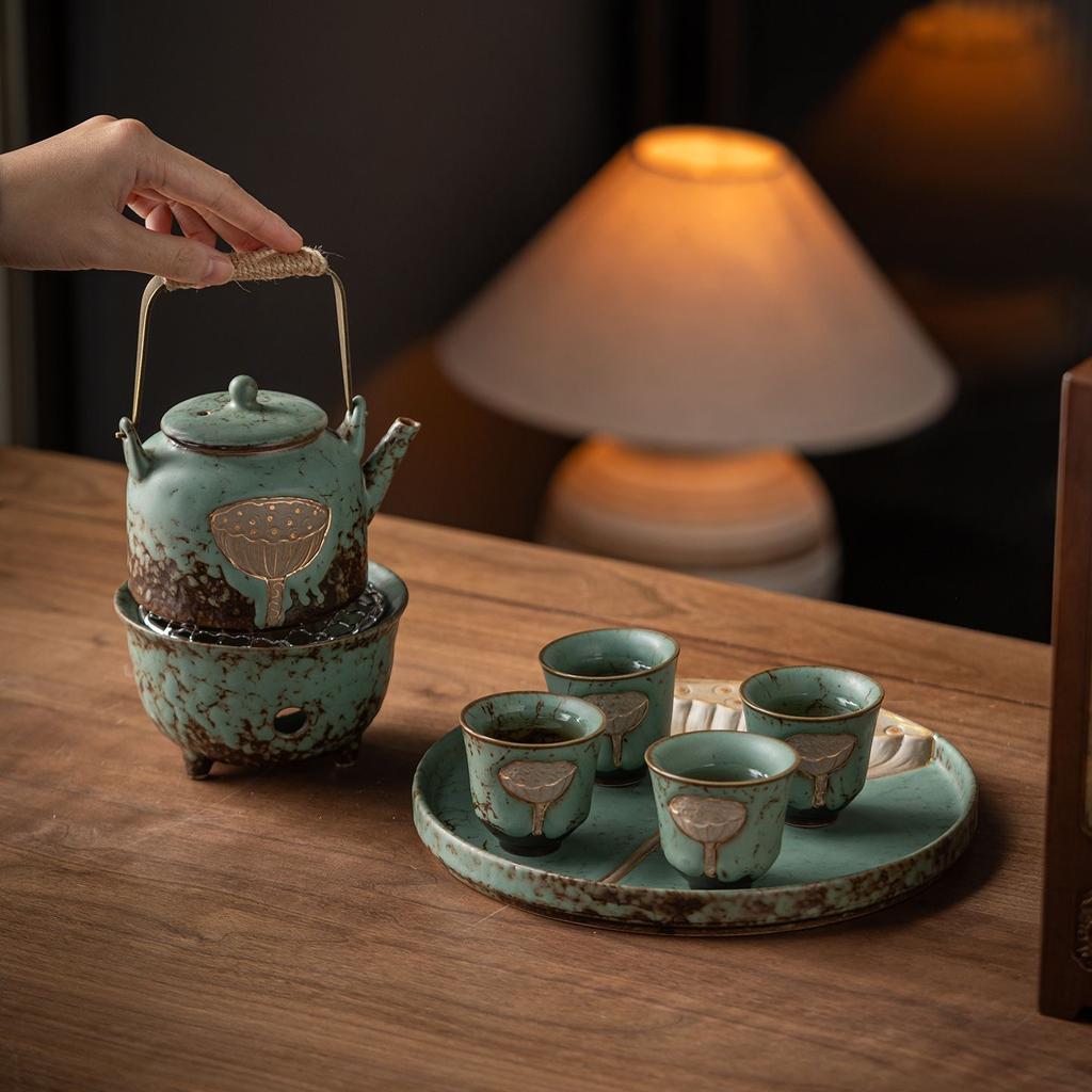 Vintage Kiln-Glazed Ceramic Lotus Pod Teapot Set, Chinese Gongfu Tea Set for Home & Tea Ceremony