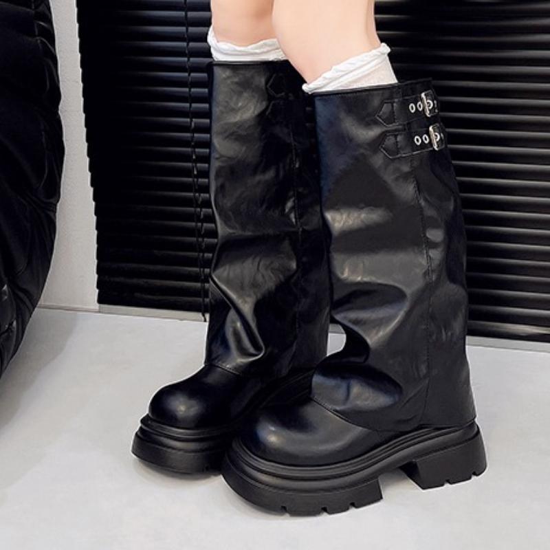 Women Knee High Knight Boots Platform Chunky Shoes 2025 Elegant New Winter Goth Pleated Woman Party Dress Botas Mujer