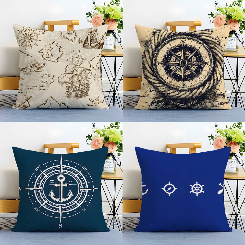Ocean Blue Compass with Anchor Pillow Case Anti-dustmite Pillowcase Invisible zipper silky short plush Sofa cushion cover