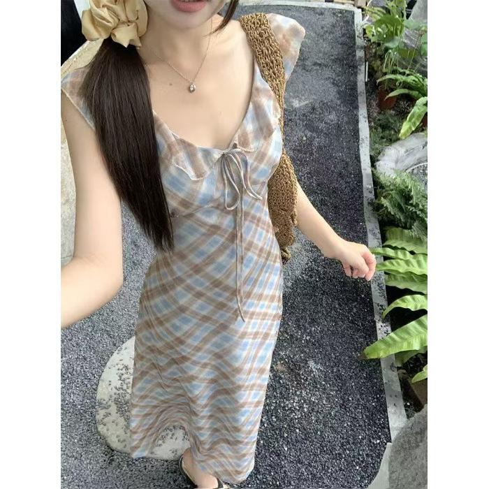

French plaid temperament plaid dress summer new retro waist slim dress skirt picture color S