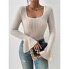 Autumn T-Shirts Women's Casual Plain Screw Thread Long Flare Sleeve Square Neck Skinny Fit Basics T-Shirts
