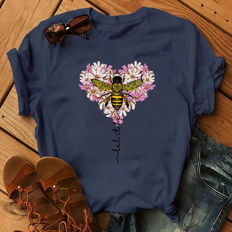 Cotton Tee Cotton 100% Women's Christmas Animal Flower Short Sleeve Bee Flower Print Oversized T Shirt Graphic Tshirts Tops Harajuku