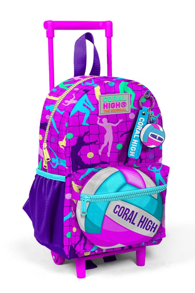 Minik Yuva Cestovní batoh s kolečky Růžovo-fialový s volejbalovým vzorem Dvoukomorový 24061