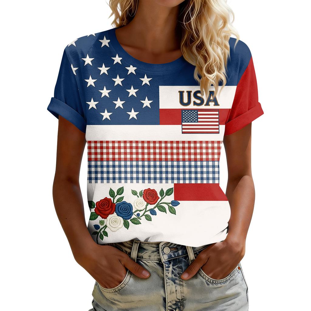 Women's American Floral Patchwork Print Casual T-Shirt 250Th Anniversary USA Shirt Patriotic Tshirt