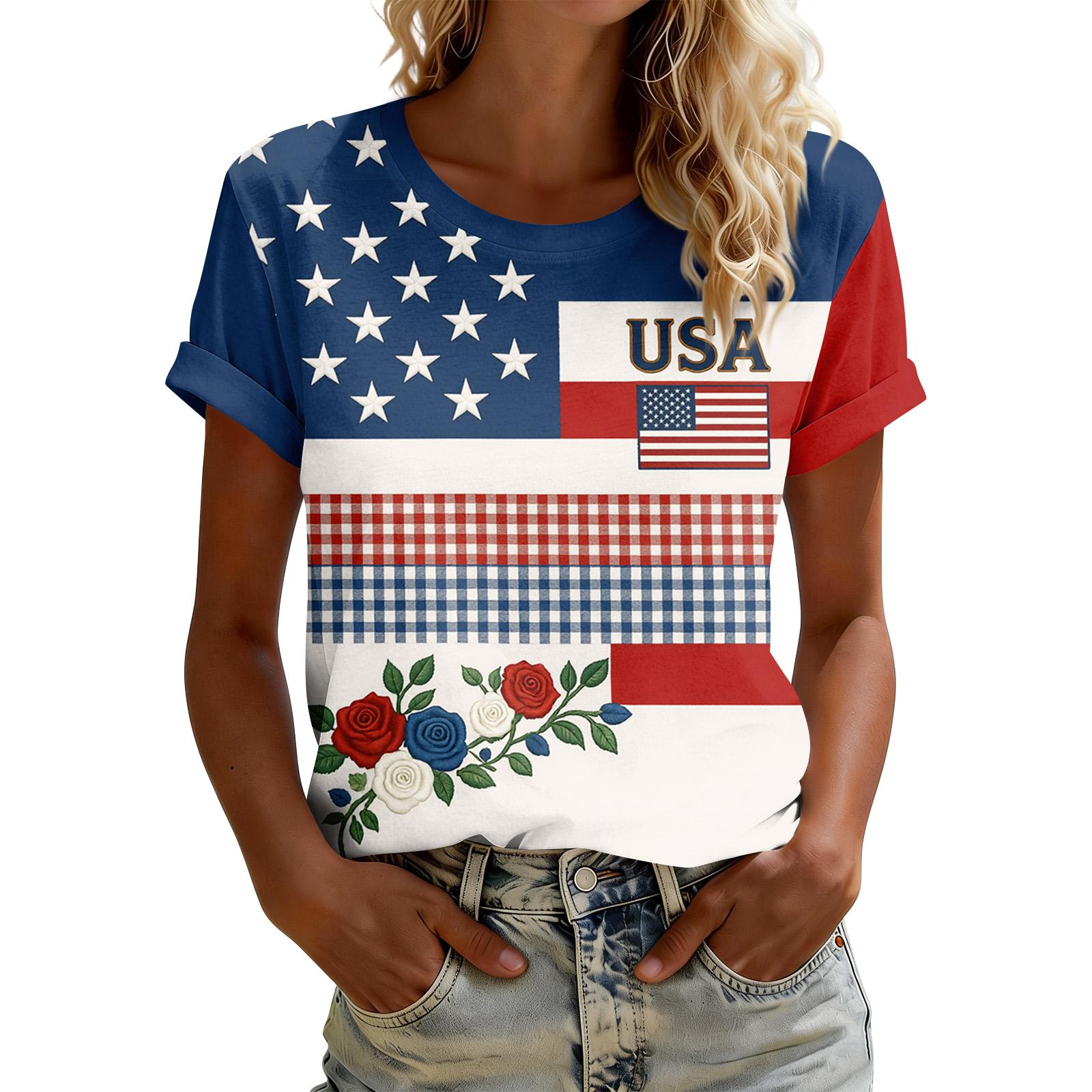 

Women s American Floral Patchwork Print Casual T-Shirt 0Th Anniversary USA Shirt Patriotic Tshirt XL червоний