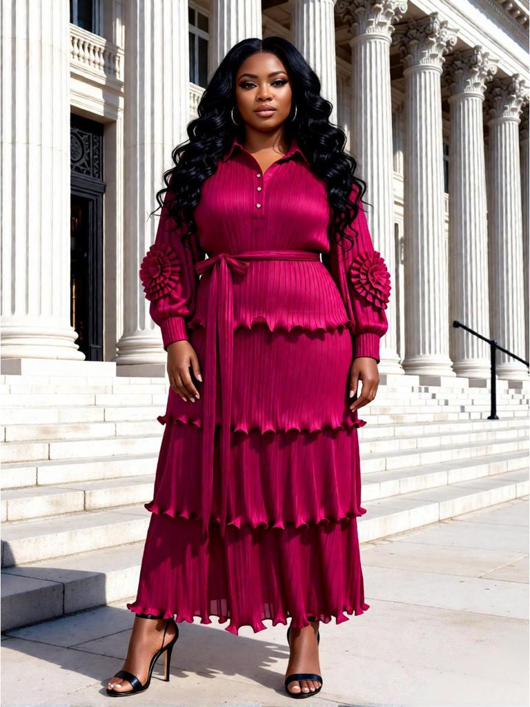 Miyake Elegant Plus Size Ruffle Pleated Dress for Women
