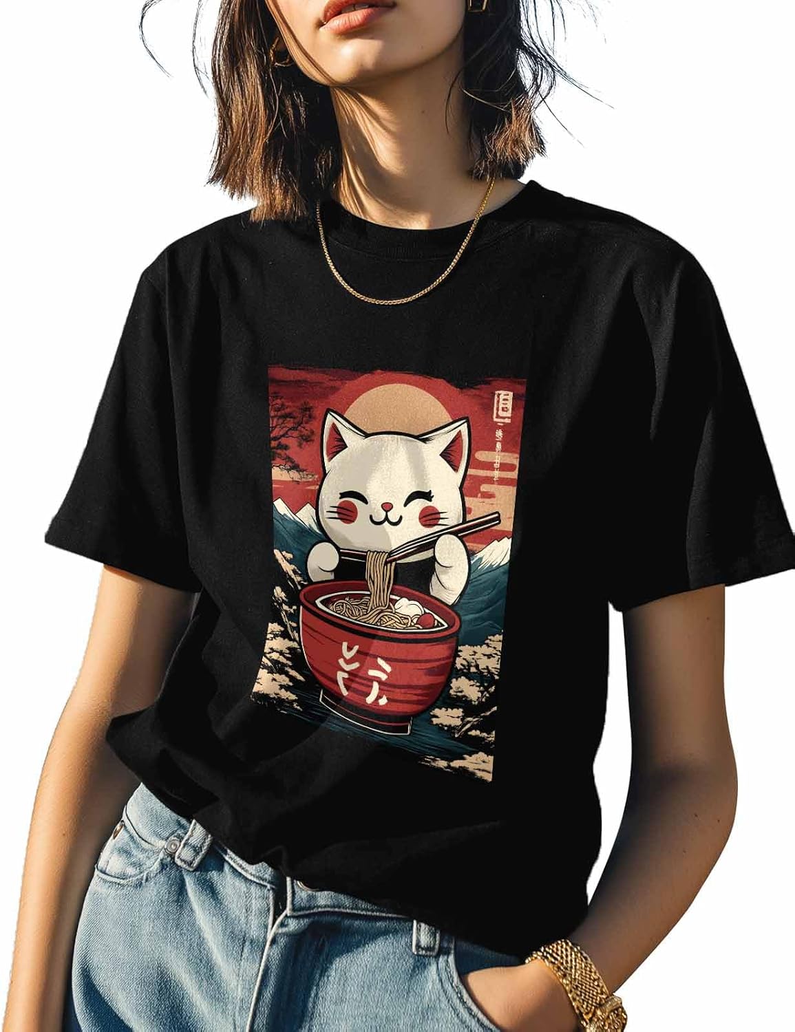 

T Shirts for Women Graphic Tees Japanese Style Crew Neck Short Sleeve Shirts for Women Ramen Cat Casual T-Shirt 5XL різнокольоровий