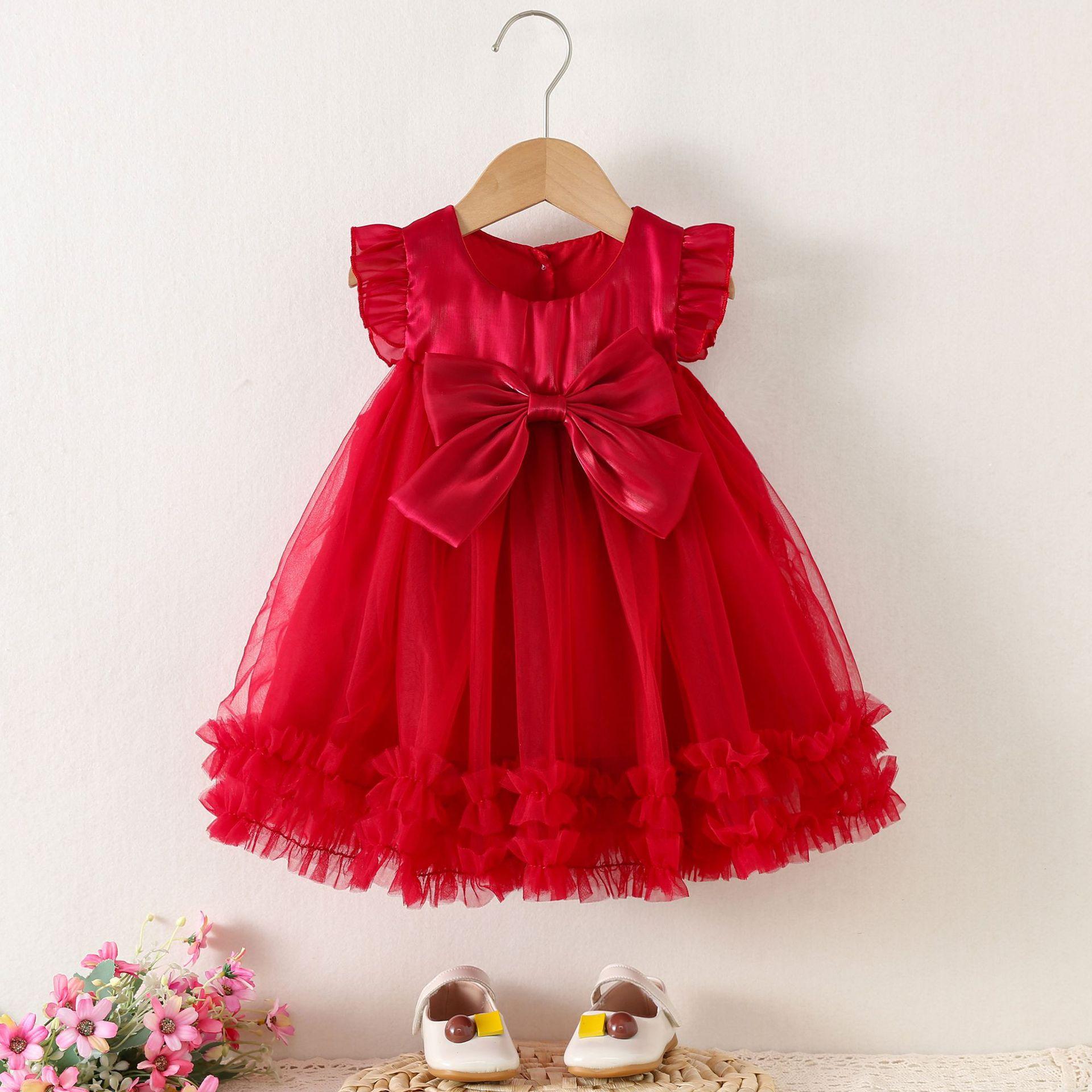 Girls Flowing-sleeve Sequined Puffy Dress Summer Children s Princess Dress 73CM красный