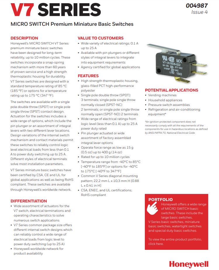 Honeywell V7 Micro Switch 11A 250V SPDT Off-On-Off