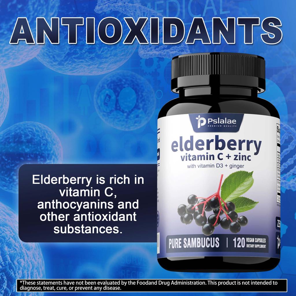 Pslalae Elderberry Capsules, Containing Vitamin C, Vitamin D3 Extract, Immune Support, and Antioxidant Supplement.