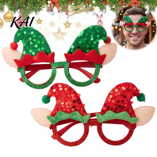Decorative Elf Hat Eyewear Christmas Glasses with Sequin & Ears, Funny Party Reusable Photo Booth Prop for Kids Adults, Festive Holiday Costume