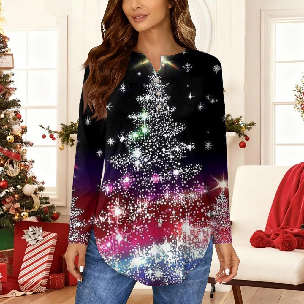 Women's Fashionable Loose-Fit Button-Down Collar Christmas Print Long-Sleeved Top