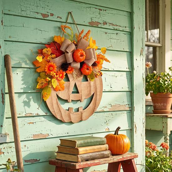 Decorazione Porta di Halloween per Portico Segno di Zucca in Legno con Luci LED, Ghirlanda Floreale Artificiale Ornamento Rustico da Fattoria Decorazioni Autunnali Finestra