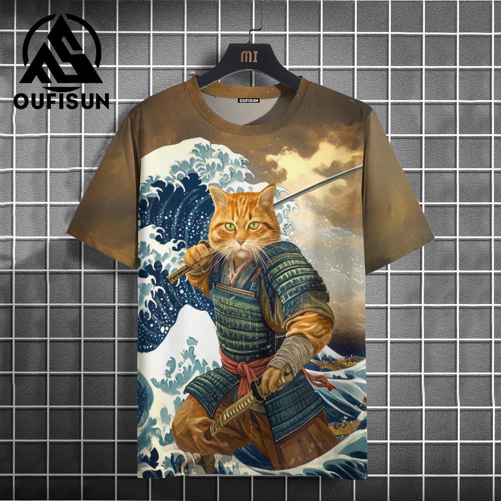 Samurai Cat Pánská móda Japonské hip-hopové tričko s krátkým rukávem