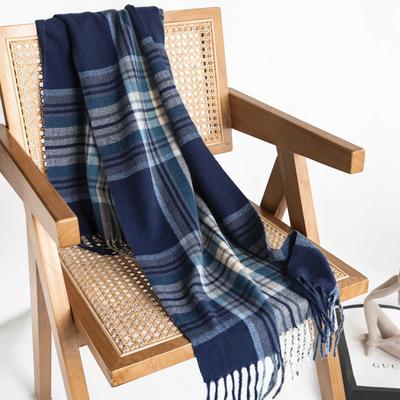 Blue Imitation Cashmere Scarf for Women Advanced Versatile Thickened Autumn and Winter Warm New Plaid Scarf Dual Use