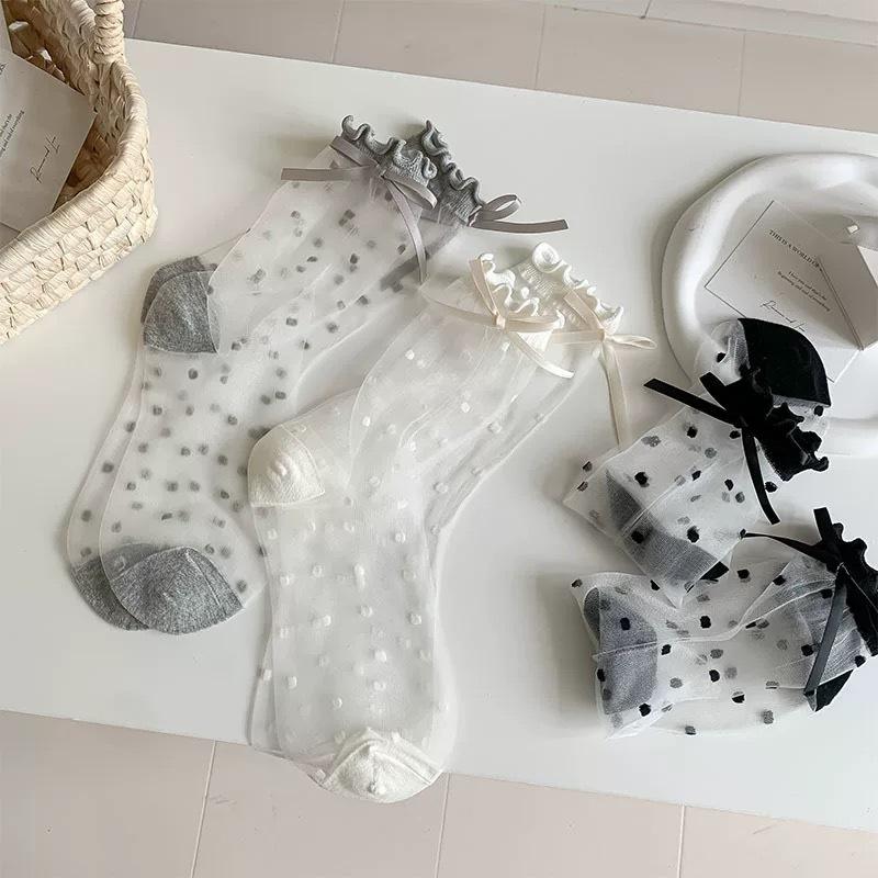 Spring and Summer Women's Style Transparent Silk, Black Fungus, Polka Dot, Bow, Crystal and Glass Fiber Women's Socks