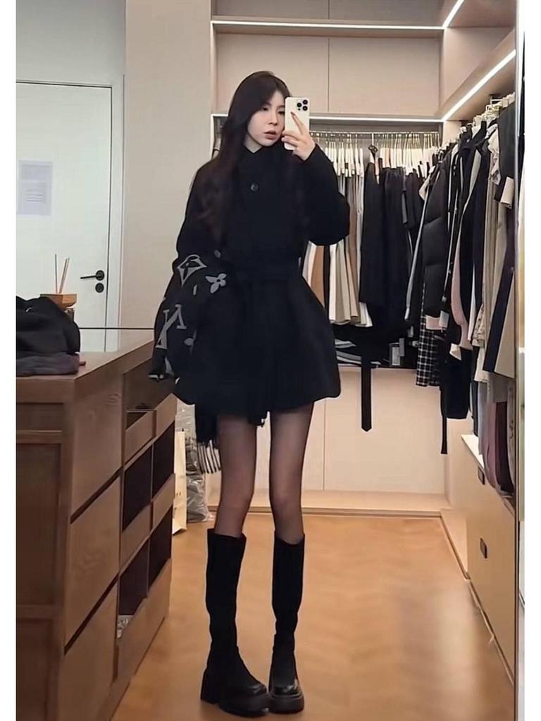 Women's Black Woolen Coat - Autumn/Winter 2025 High-End Casual Slimming Korean Style