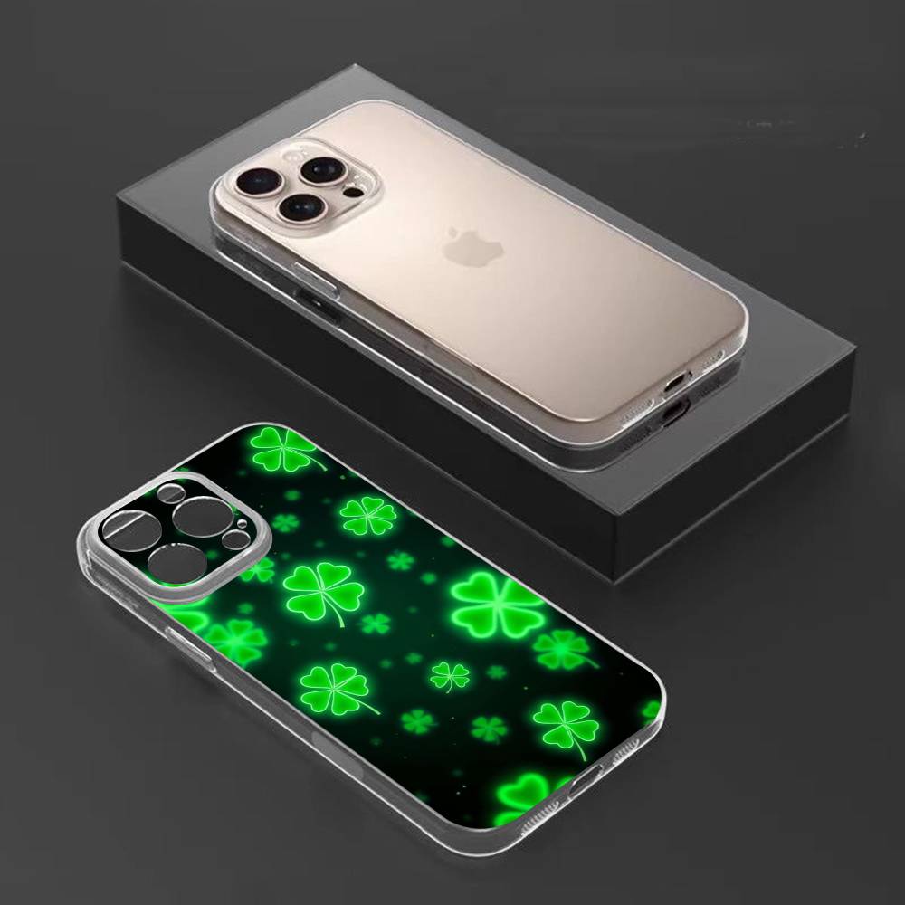 Clover Plant Four Leaf Phone Case For iPhone17,16,15,14,13,12,11 Plus,Pro Max Soft Transparent Cover