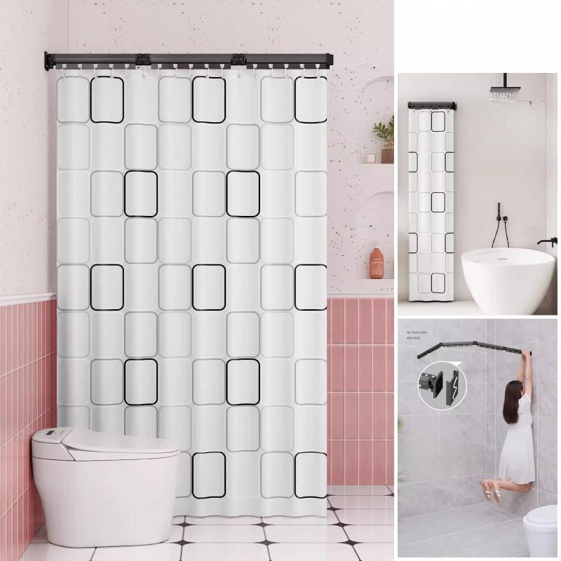 Foldable Shower Curtain Rod for Bathroom and Toilet, No Need To Drill Holes, Dry-wet Separation, C-shaped Waterproof Shower