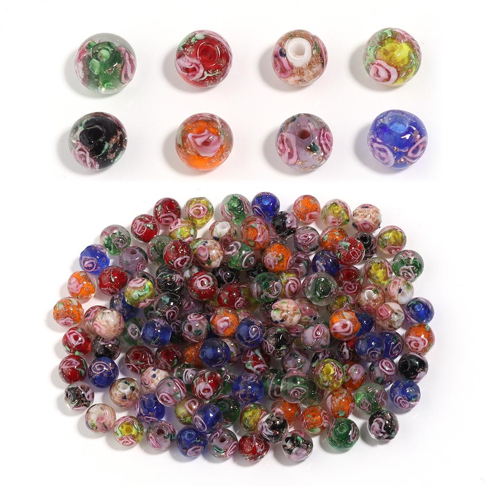 10Pcs 8mm Lampwork Transparent Flower Beads Glass Loose Round Beads For Handmade Women Bracelet Making DIY Jewelry Supplies