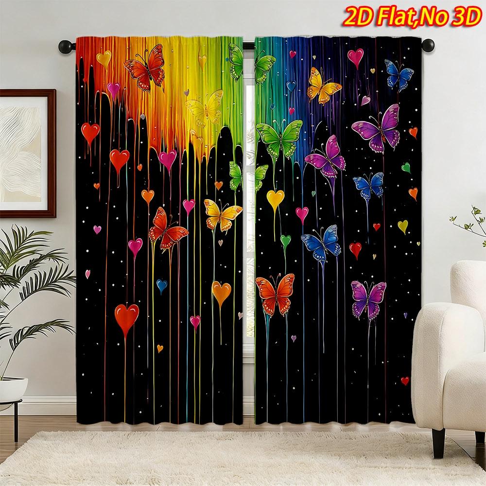 2Pcs Rainbow Butterfly & Heart Curta 2D Digital Print Polyester Light Filtering Rod Pocket Living Room Bedroom Decor 53x116cm 2pc21x46in