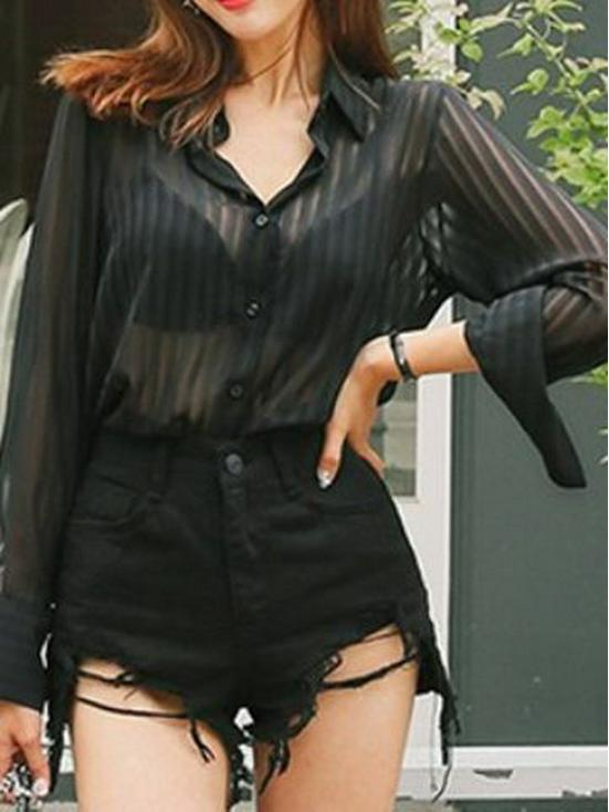 Chic Black Sheer Chiffon Shirt - Stylish and Sexy 2023 Mature Fashion Top