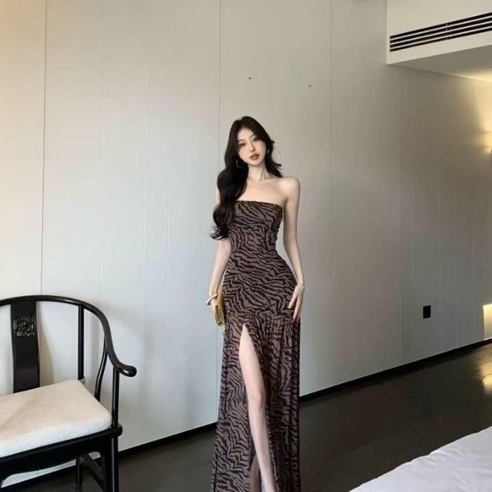 Elegant Leopard Print Bandeau Dress - Women s Summer Waist-Cinching Maxi Small