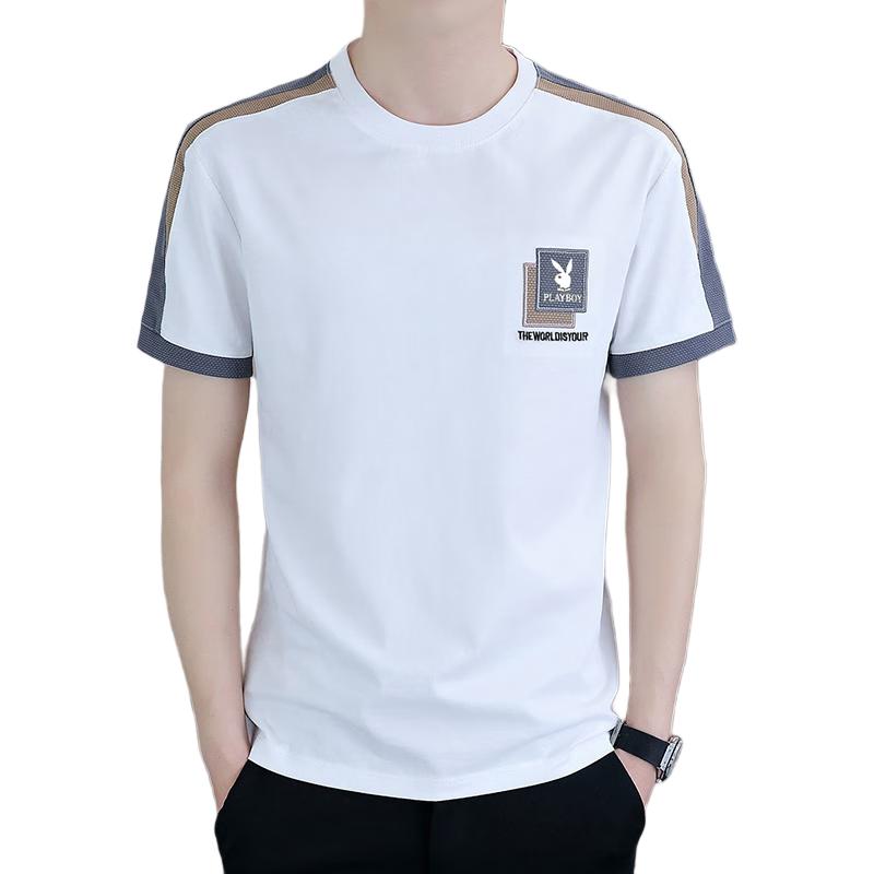 PLAYBOY Camiseta de Manga Corta para Hombre, Top Holgado de Seda Helada para Verano, Cuello Redondo, Marca de Moda de Gama Alta, Fresca al Tacto, Manga Media, Blanco, Talla L