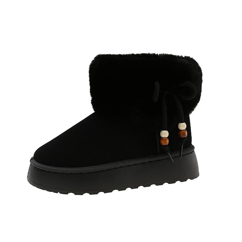 Women Snow Boots Round Toe Platform Sole Butterfly-knot String Bead Cotton Boots Fashion All-match Winter Plush Thickened Boots
