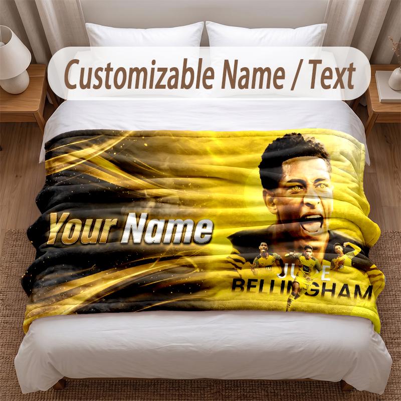 Jude Bellingham Printed Flannel Blanket Custom Name Text Soft Warm Throw For Bedroom Holiday Gift