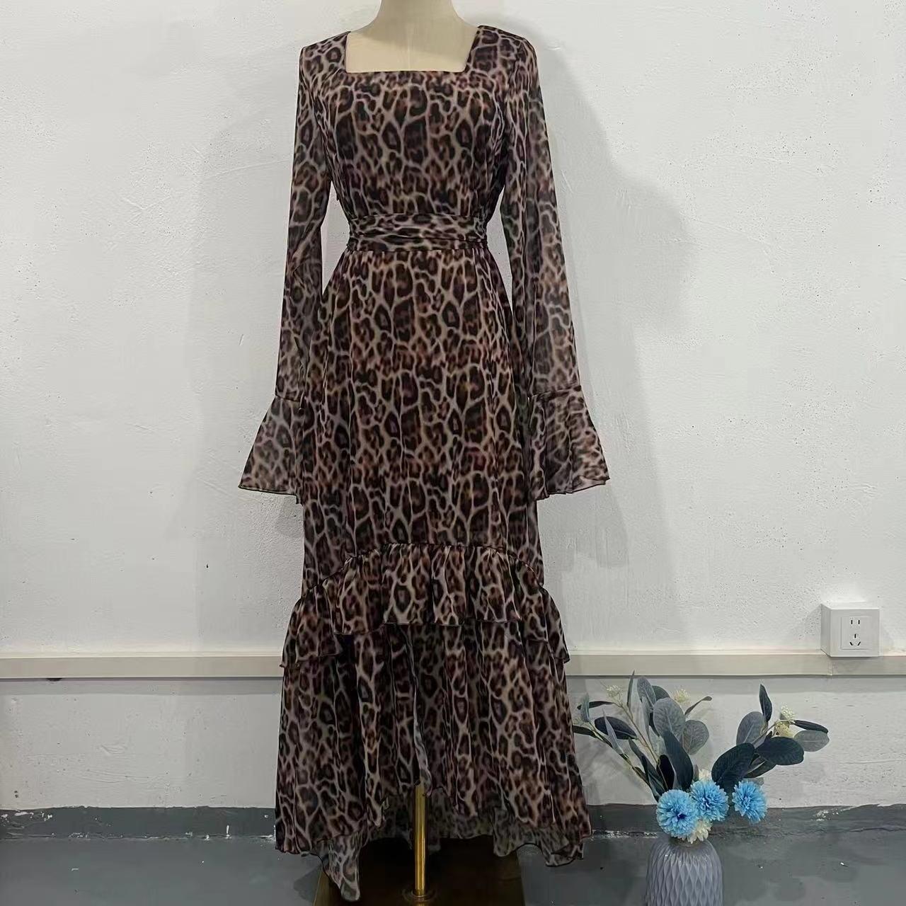 

GMXIA Весеннее шифоновое платье с леопардовым принтом и рукавами-лотосами, длинное, в стиле пэчворк, нестандартной формы L