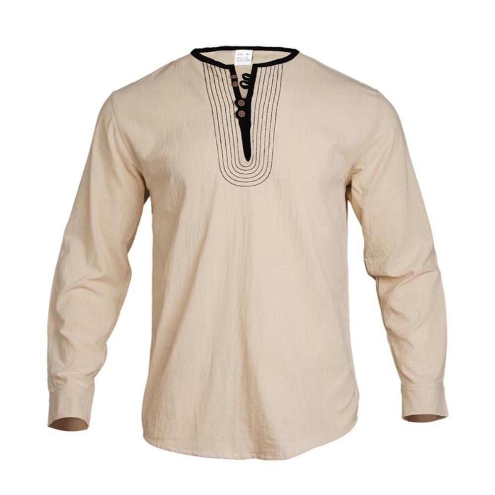 Pánské módní tričko s límečkem henley 95% len s dlouhým rukávem podzimní volné ležérní prošívané tričko pánské oblečení