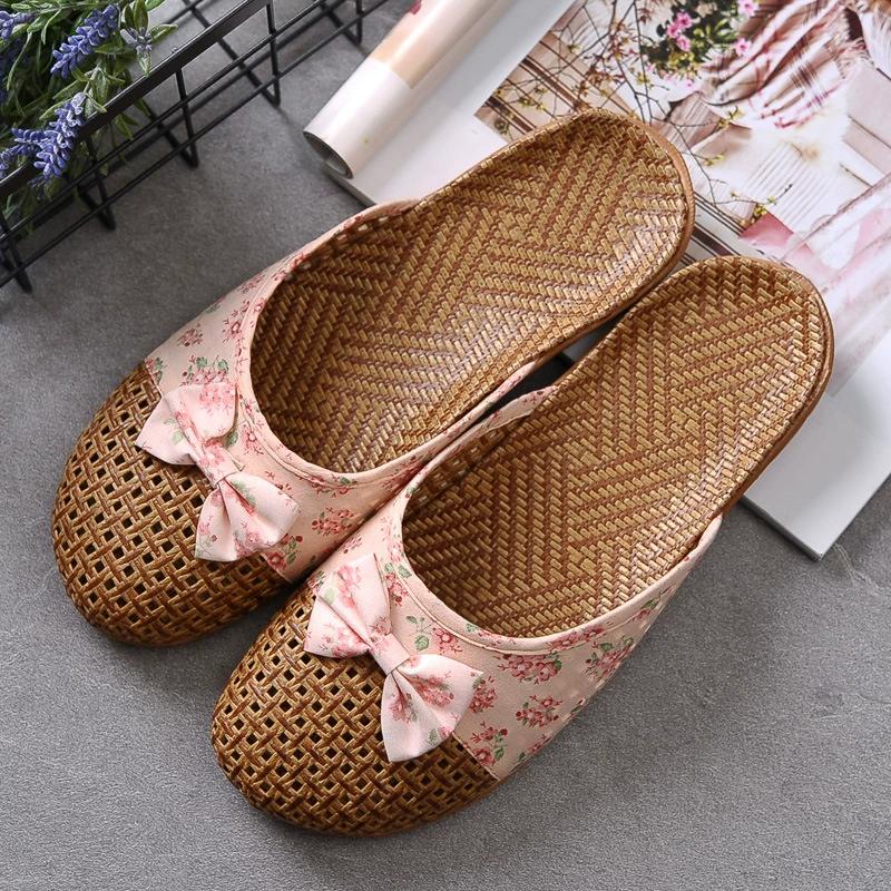 Spring Summer Women Flat Slippers Casual Slides Floral Bow Linen Women Sandals Indoor Shoes