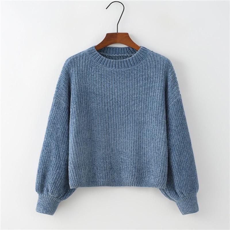 Casual Womens Sweater Autumn Winter Pullover Crew Neck Solid Color Loose Bulb Sleeve Chenille Knit Top