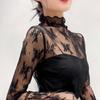 Sheer Mesh T Shirt Women Long Sleeve Turtleneck See Through Transparent Tops Lace Crop Slim Ladies Silk T Shirt