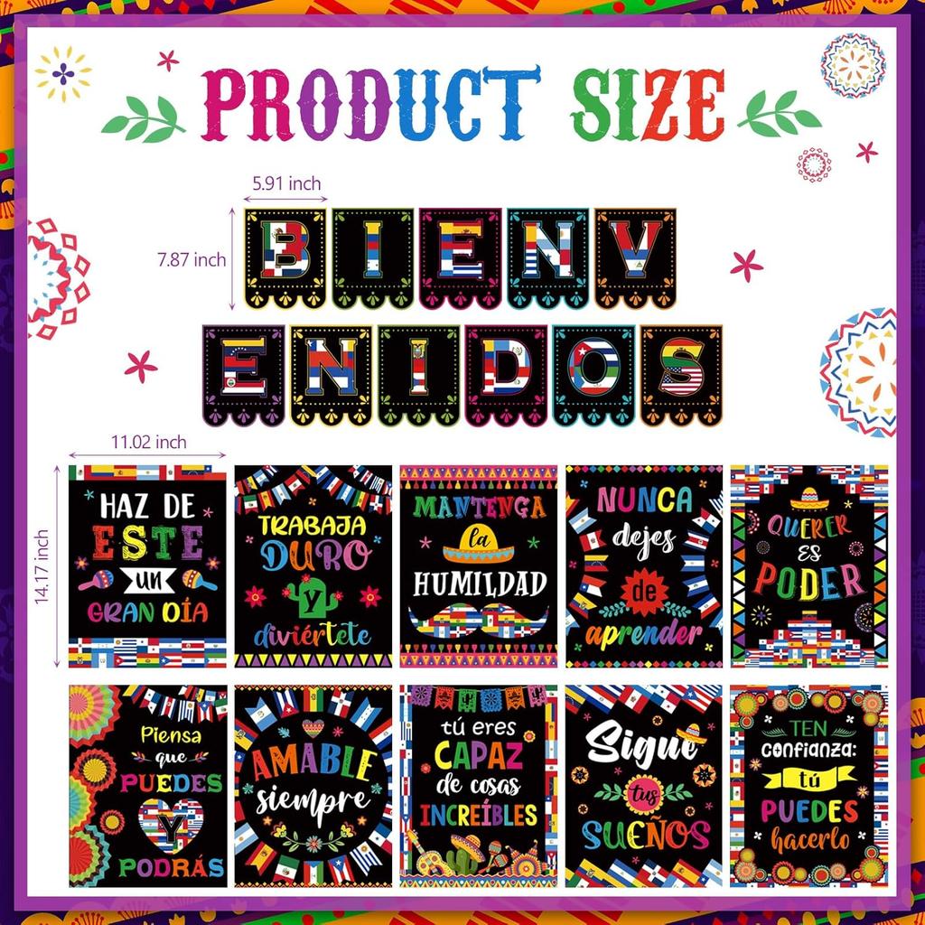 Outus 21 Pcs Hispanic Heritage Month Posters Spanish Bienvenidos Motivation Pirational Posters International World Flag Bulletin Board Decoration for