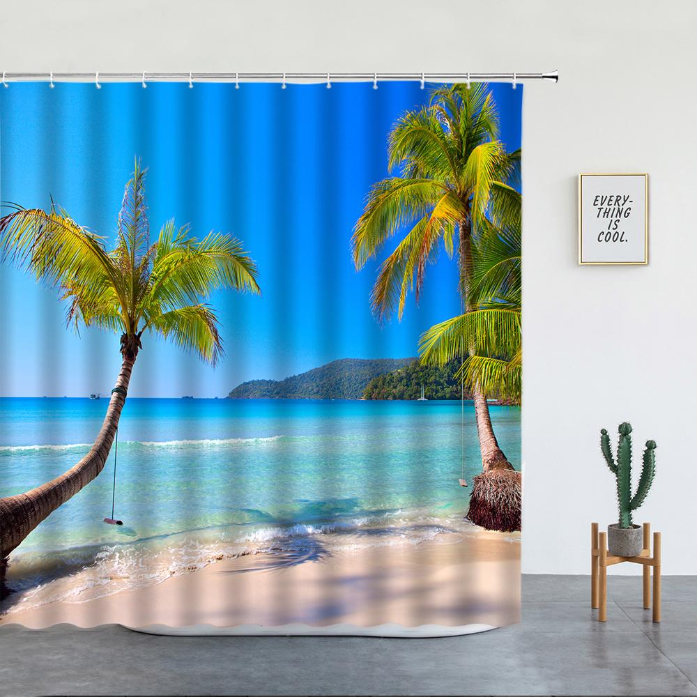 Beach Palm Trees Shower Curtains Sunset Island Hawaii Ocean Natural Landscape Polyester Bathroom Decor Cloth Bathtub Curtain Set