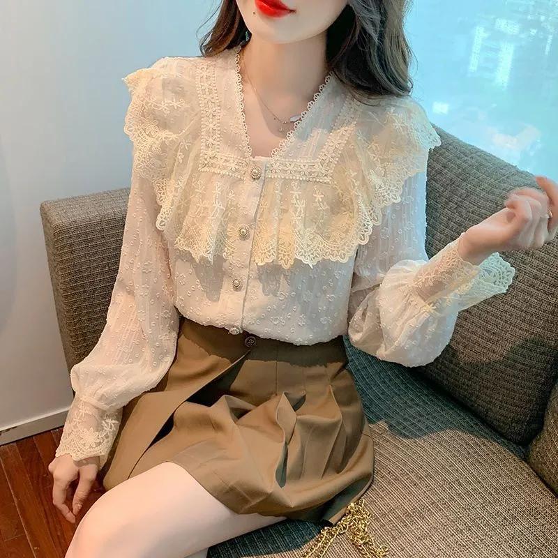 Spring Summer Vintage Women Shirts Lace Lolita Elegant Long Sleeve Flounce Blouse Office Lady Fashion
