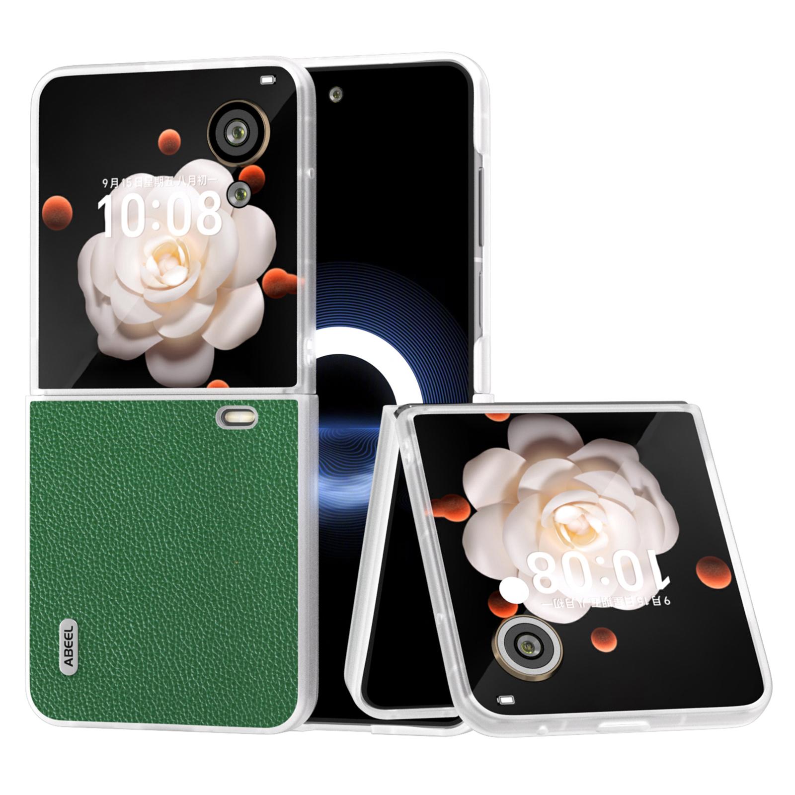 

For Honor Magic V Flip 5G Case Genuine Cow Leather+PC Phone Cover Litchi Texture Matte Frame Green