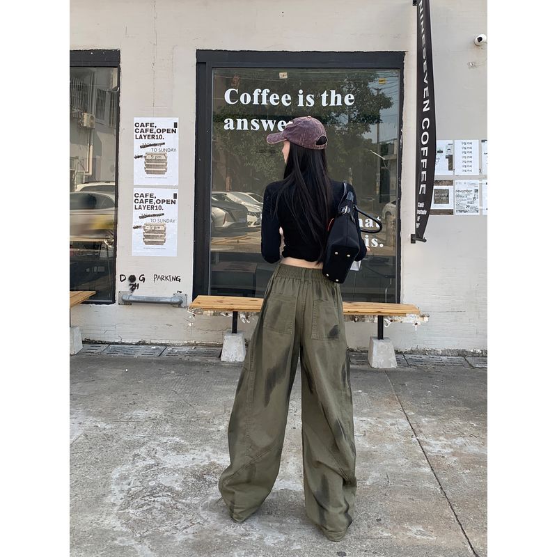 Kumikumi American Retro Tie Dye High Waist Denim Female Autumn Loose Easiest for Match Green Matchet Pants Cargo Pants