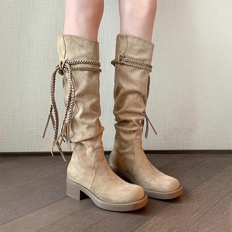 Su Yinyin has the same retro fringed thick heel medium and high boots women's round head versatile western cowboy boots women's stacking boots