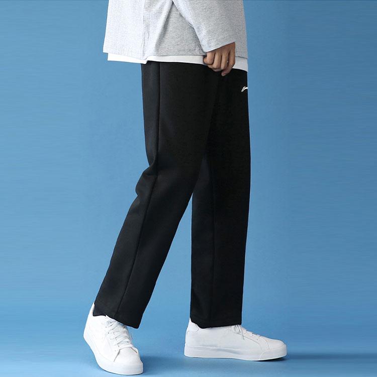Li Ning Solid Color Logo Print Straight Leg Loose Sports Pants Men Bottoms Black AKLRB57-1