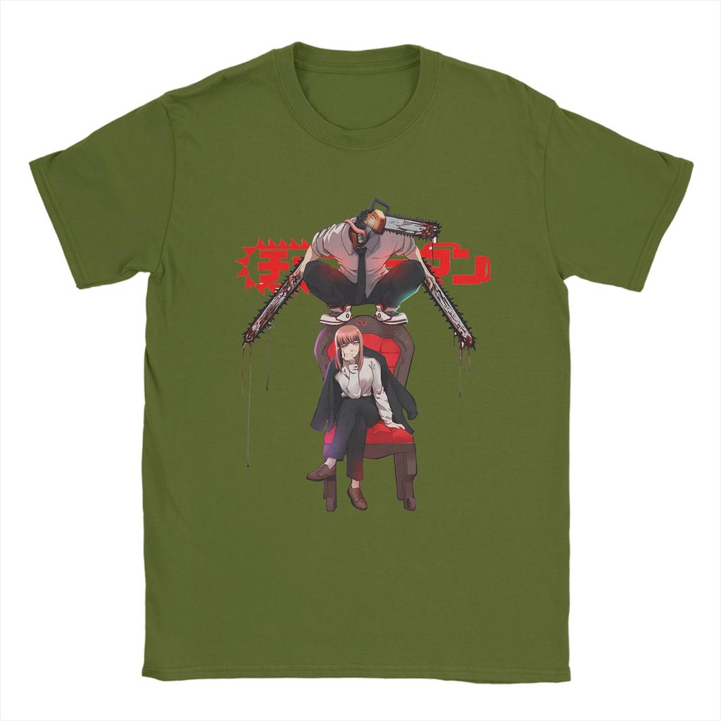 Men T-Shirt Denji And Makima Chainsaw Man Japanese Anime Vintage Pure Cotton Tee Shirt Short Sleeve T Shirts Clothing Plus Size