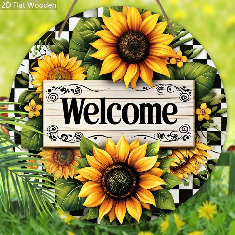Encantador Letrero de Bienvenida de Madera con Patrón de Girasol - Decoración de Pared Rústica con Fondo Ajedrezado, Diseño Floral Vibrante para Decoración de Puerta Principal